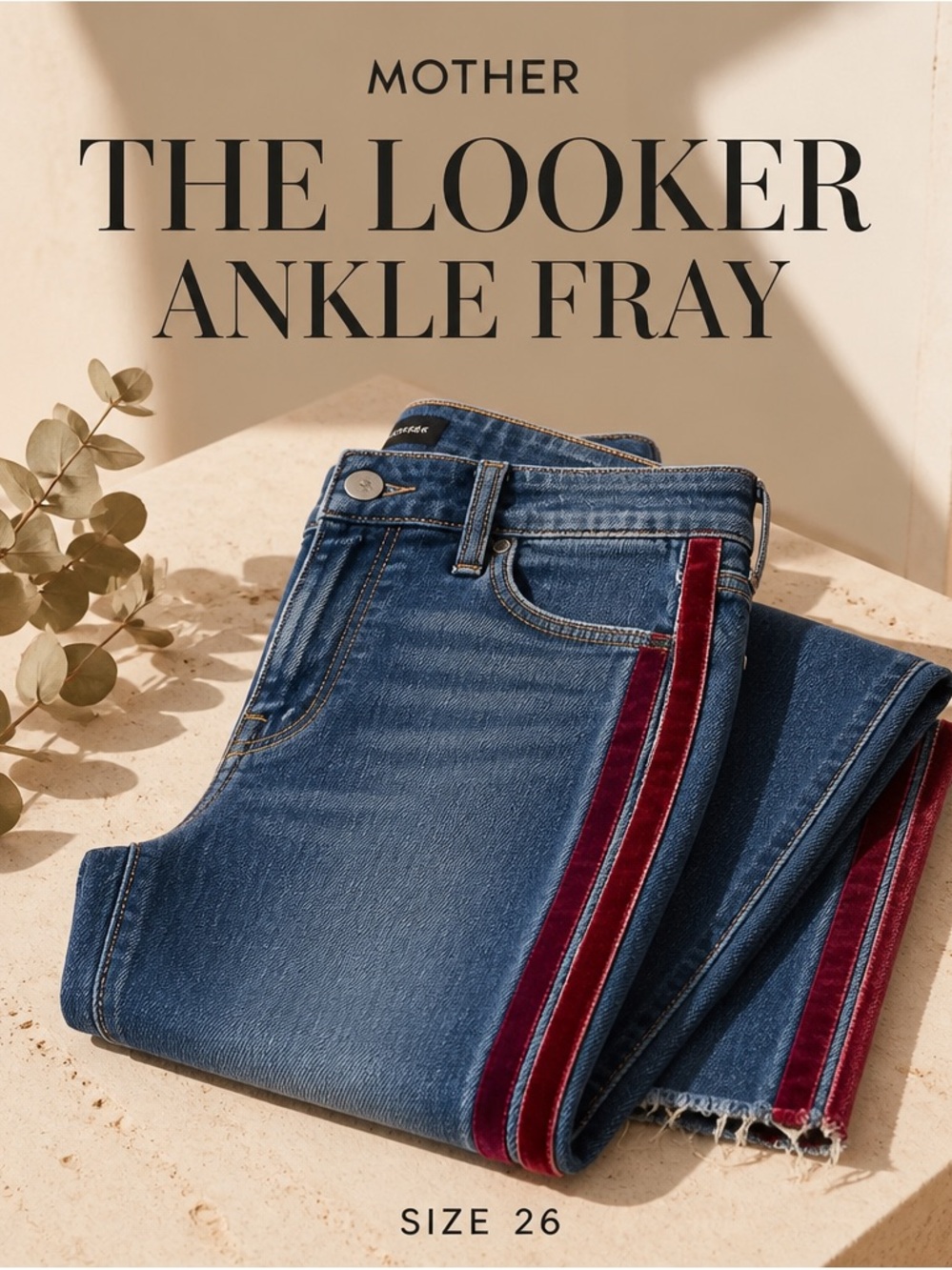 MOTHER The Looker Ankle Fray Jeans — Blue with Red Trim Sz 26